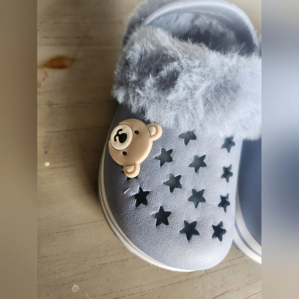 Koala Cozy Blue Star Kids Fur Lined Croc Like Slides